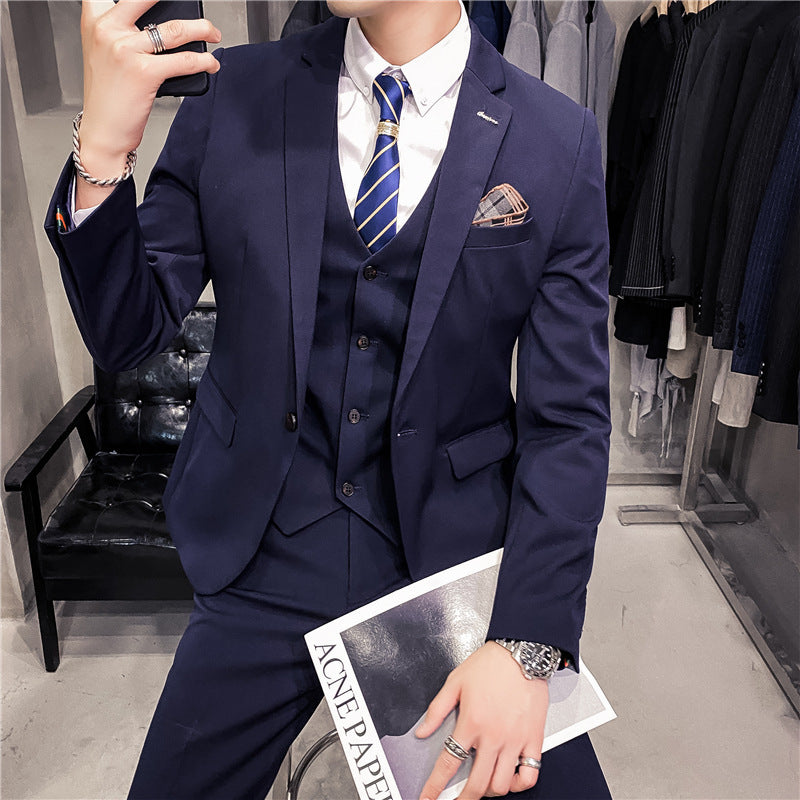 Business Formal Wear Plus Size Swallowtail Three-piece Solid Color Korean Men's Suit