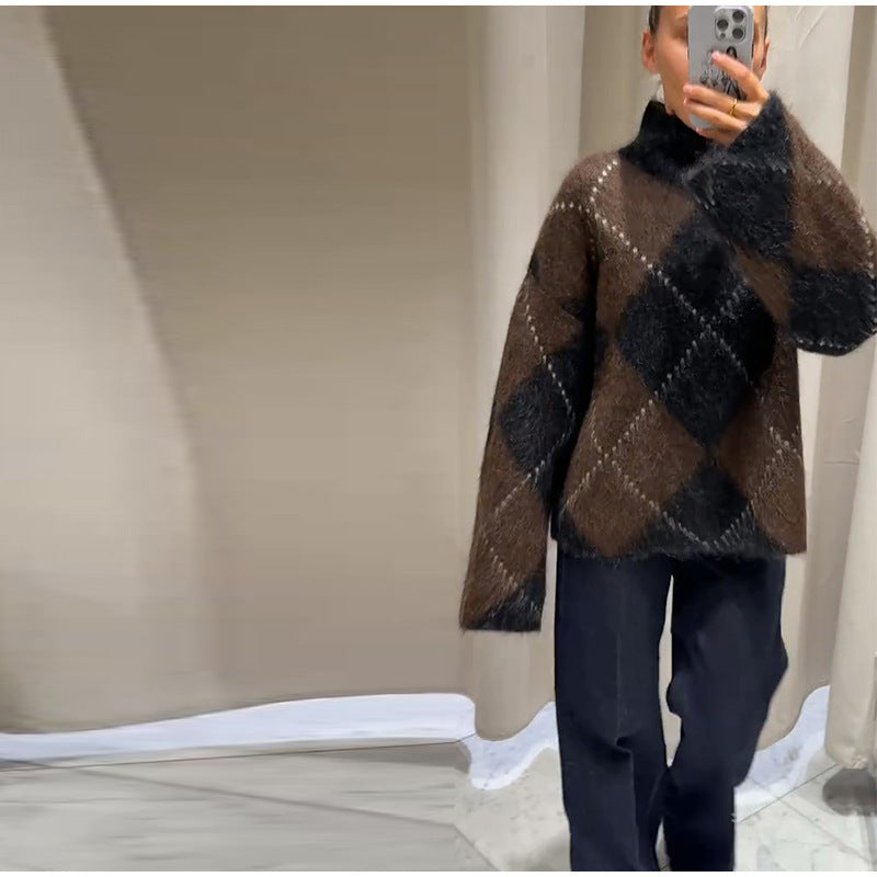 Women's Turtleneck Sweater Long Sleeve Diamond Plaid Knit