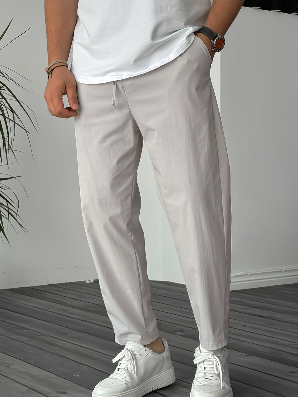 Men's Pure Color Ribbon Pocket Casual Drawstring Trousers