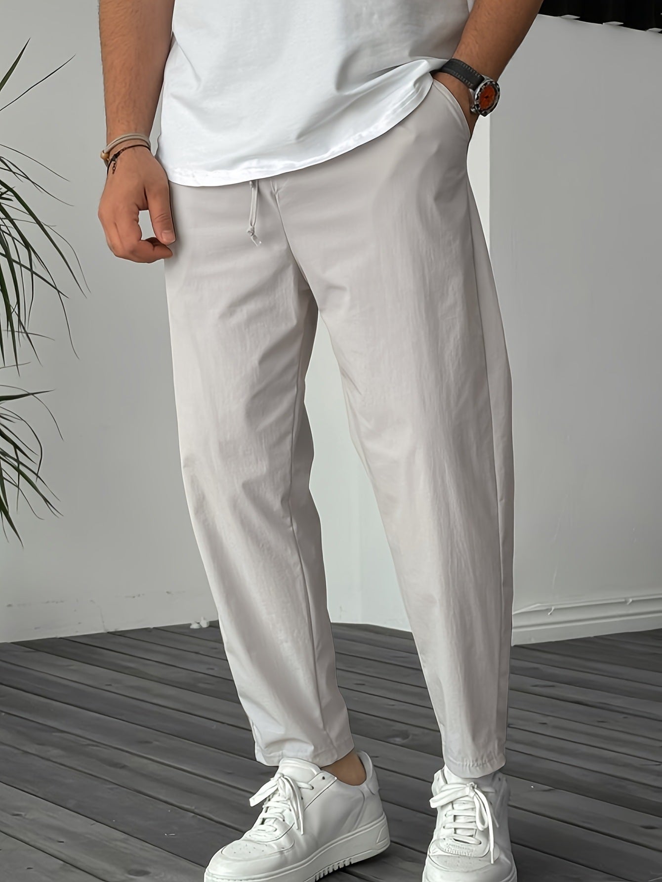 Men's Pure Color Ribbon Pocket Casual Drawstring Trousers