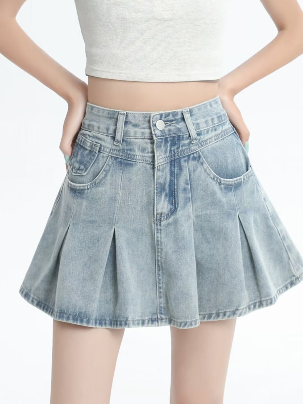Retro Denim Skirt Summer A- Line Pleated Skirt