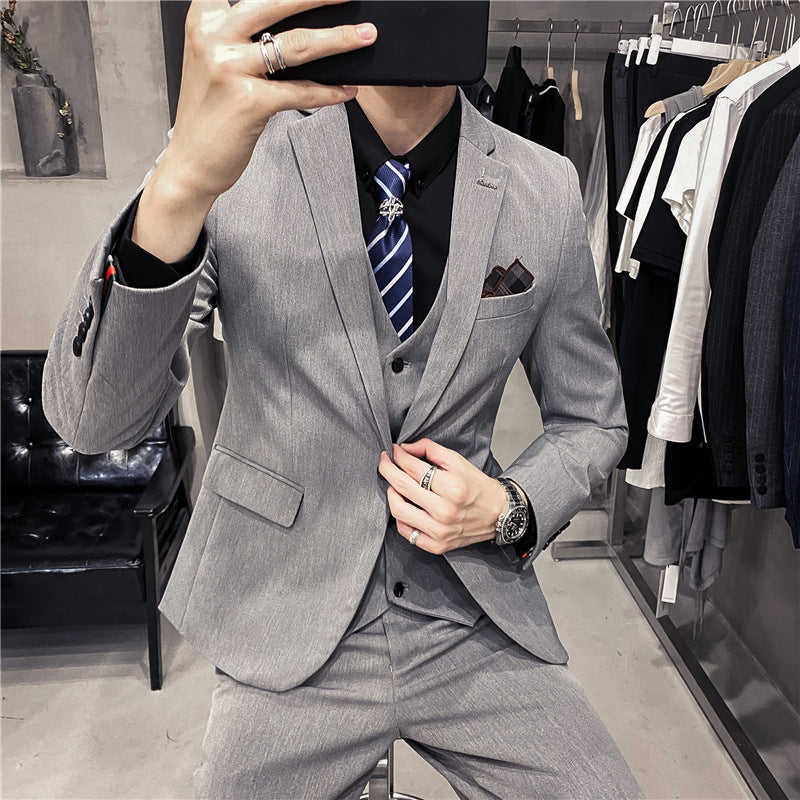 Business Formal Wear Plus Size Swallowtail Three-piece Solid Color Korean Men's Suit