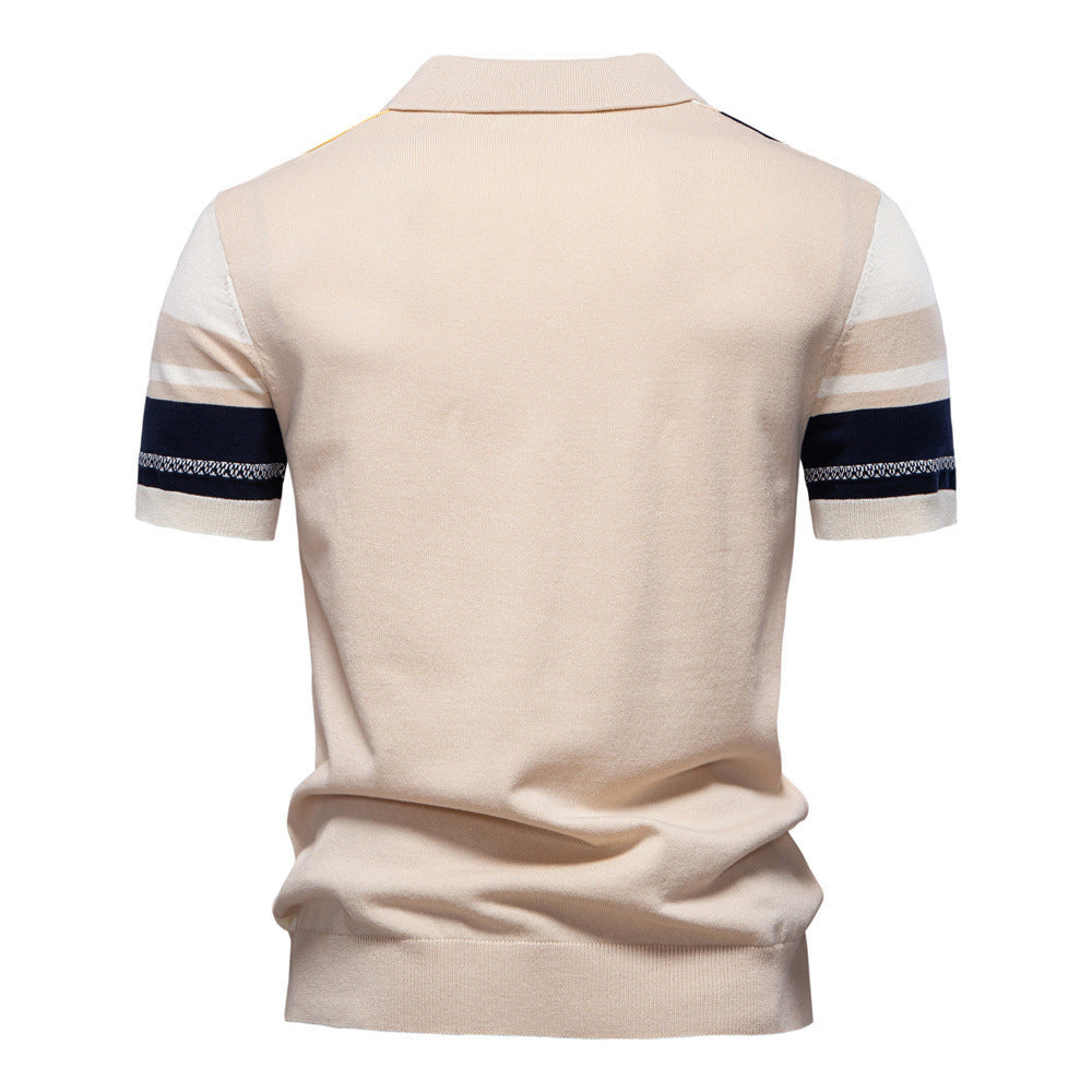 Men's Lapel Short Sleeve Knitted Polo Striped Stitching