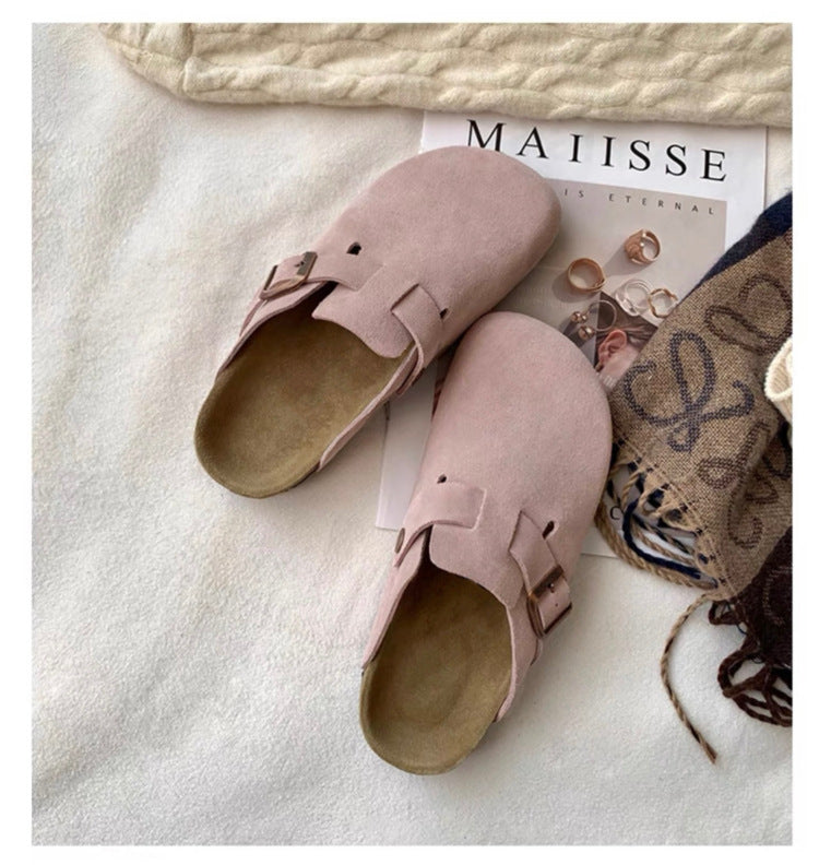 Men's And Women's Genuine Leather French Retro Closed Toe Half Slippers