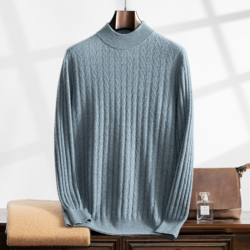 Thickened Wheat Jacquard Cashmere Sweater Men's Half-high Collar Solid Color Sweater