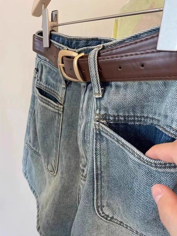 High Waist Denim Shorts For Women, Loose Design, Niche Retro Wide-leg A-line Thin Hot Pants