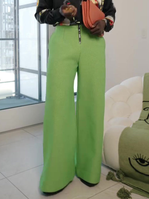 Lime Green Wide-Leg Pants With Zipper Detail