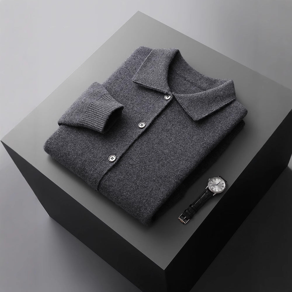 Polo Collar Solid Color Wool Cardigan Vintage Pocket Thick Men's Coat Cashmere Sweater