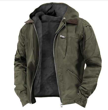 Winter Hooded Coat With Pockets Fashion Warm Fleece Zip-up Jacket Casual Outwear Men's Clothing