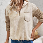 Long Sleeve Stand Collar Color Matching Warm With Velvet Sweater