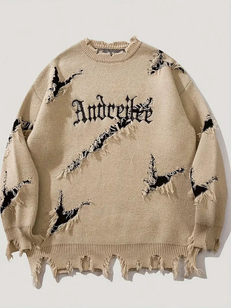 New Personality Street Jacquard Ripped Frayed Vintage Loose Sweater