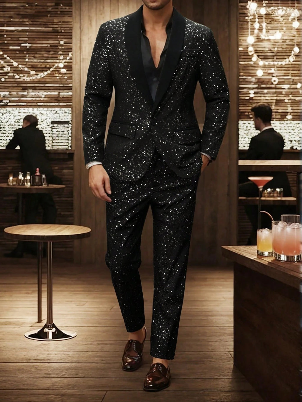 Men's Shimmering Black Suit Adorned With Glittering White Sequins