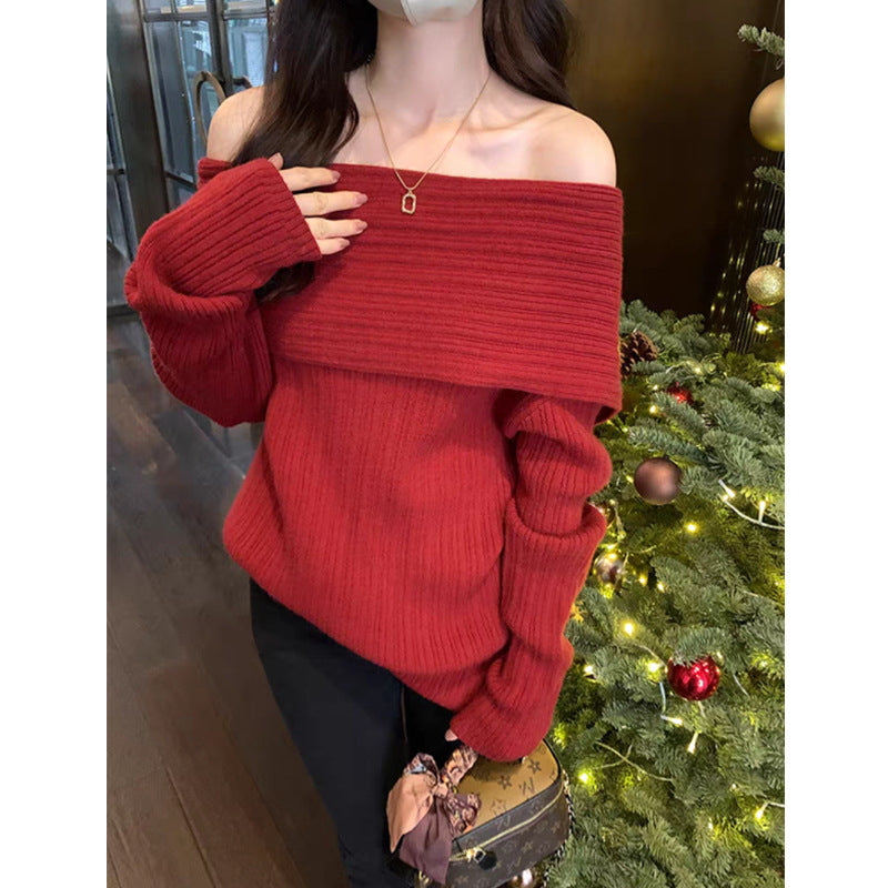 Lazy Style Shoulder-revealing Red Atmosphere Off-shoulder Sweater