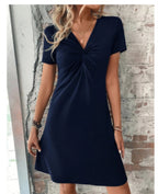 Color Cotton Short Sleeve V-neck Design Chest Twist Waist Dress
