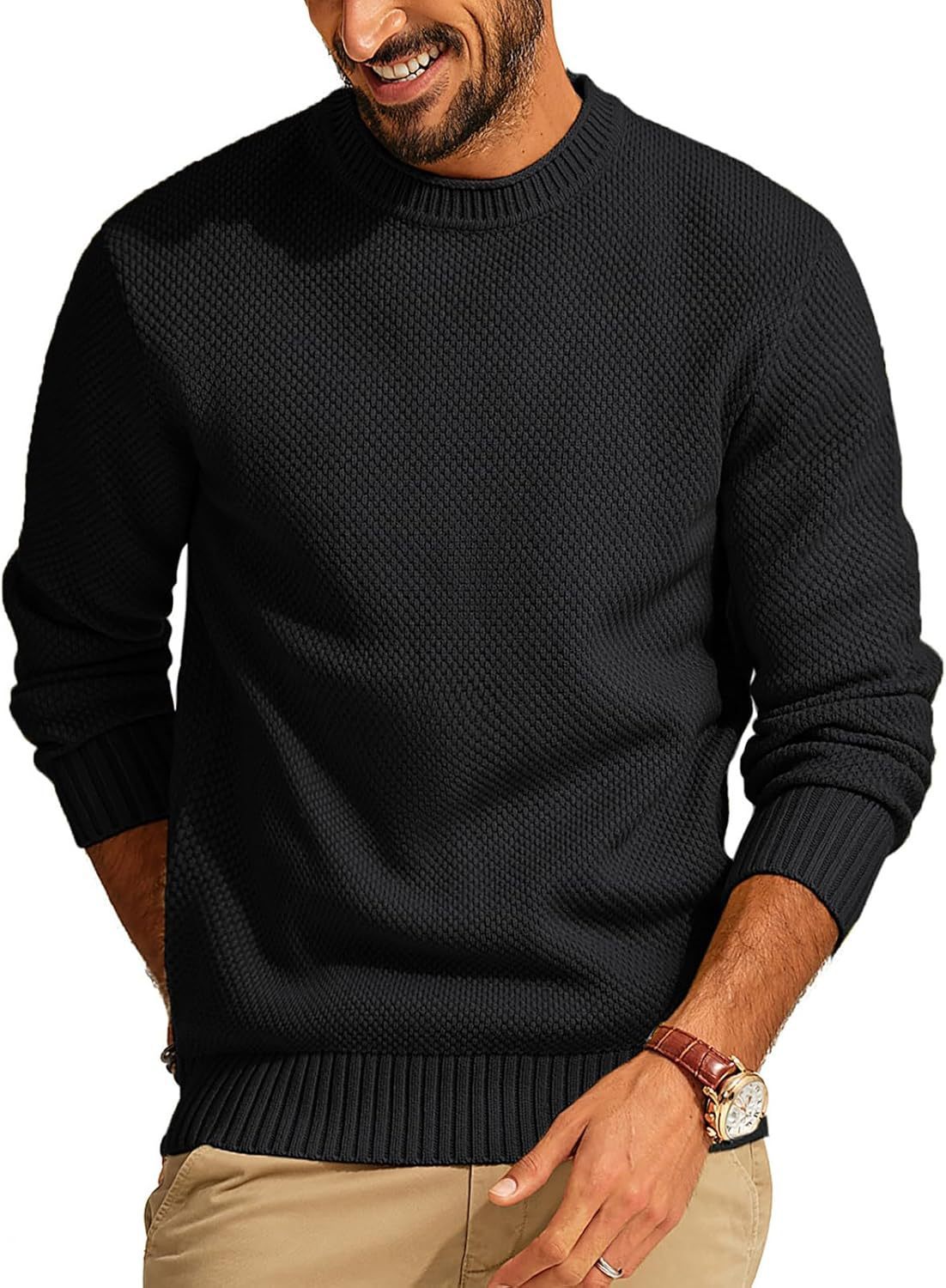 Round Neck Pullover Sweater Men's Waffle Sweater