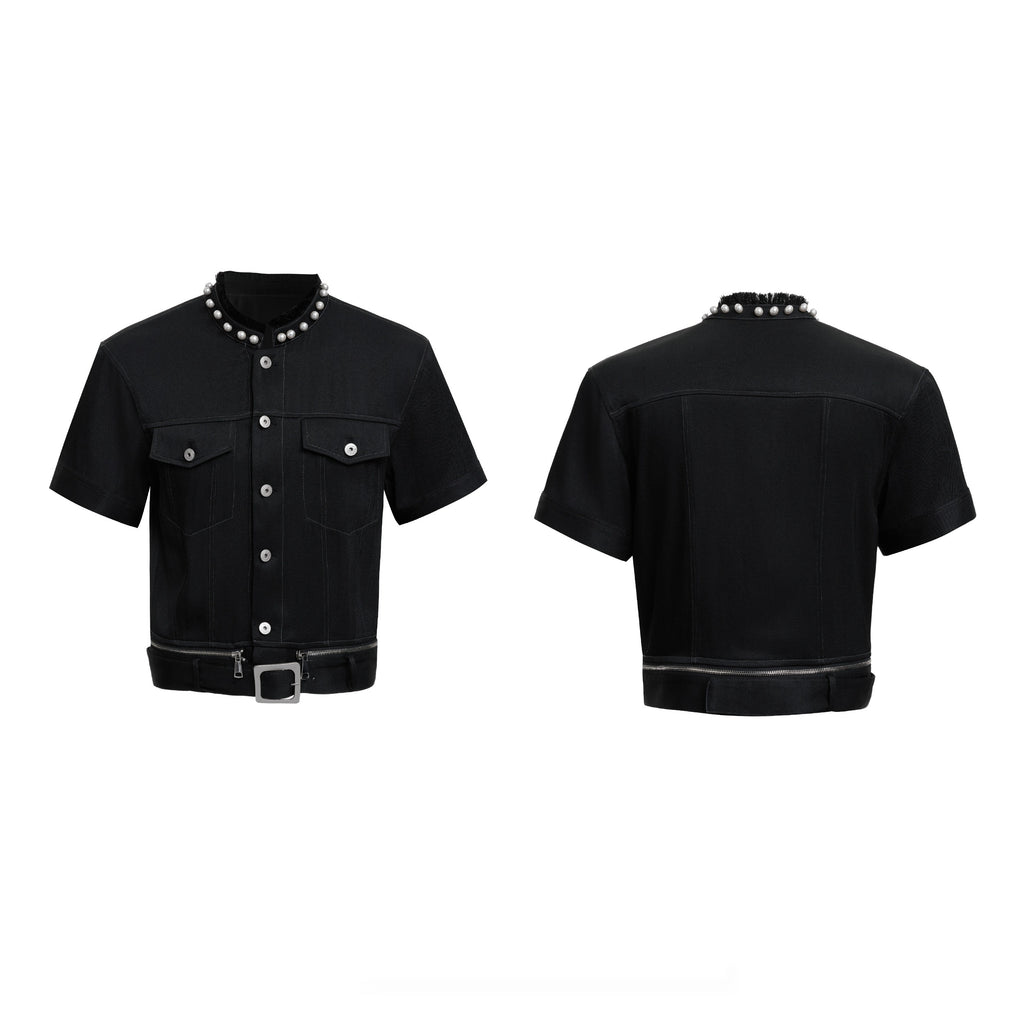 Pearl Edging Short Sleeve Denim Suit