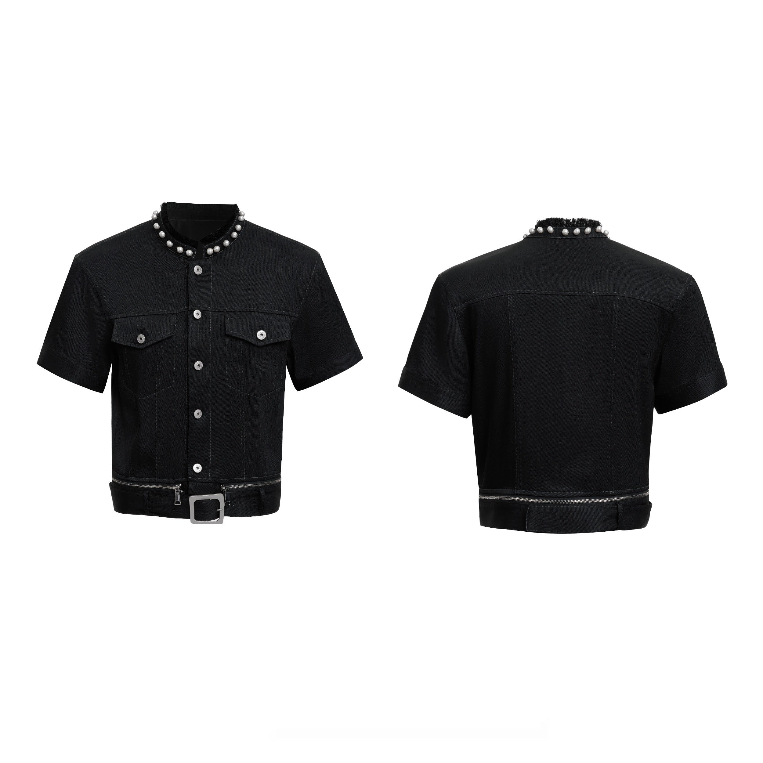 Pearl Edging Short Sleeve Denim Suit