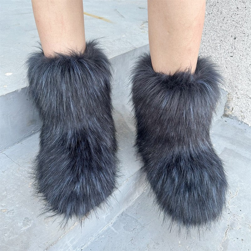 Raccoon Fur Plush Snow Boots