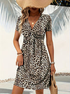 Color Cotton Short Sleeve V-neck Design Chest Twist Waist Dress