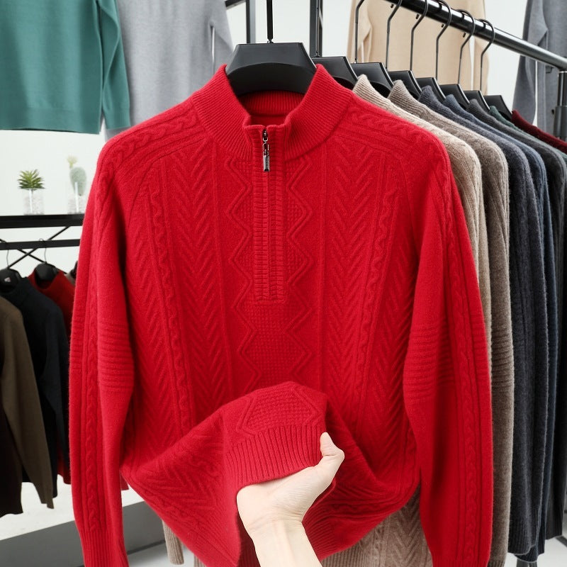 All Wool Men's Sweater Half Turtleneck Zipper Sweater