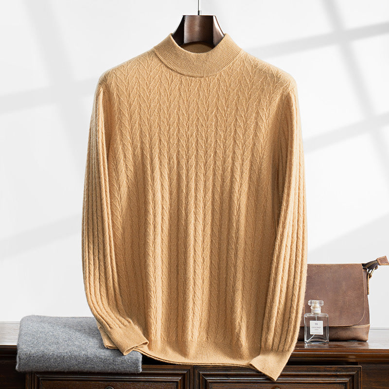 Thickened Wheat Jacquard Cashmere Sweater Men's Half-high Collar Solid Color Sweater