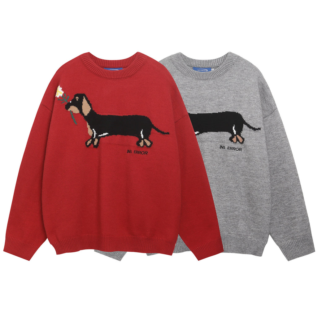 American Retro Sausage Puppy Jacquard Round Neck Sweater