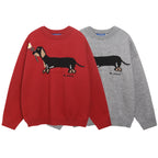 American Retro Sausage Puppy Jacquard Round Neck Sweater