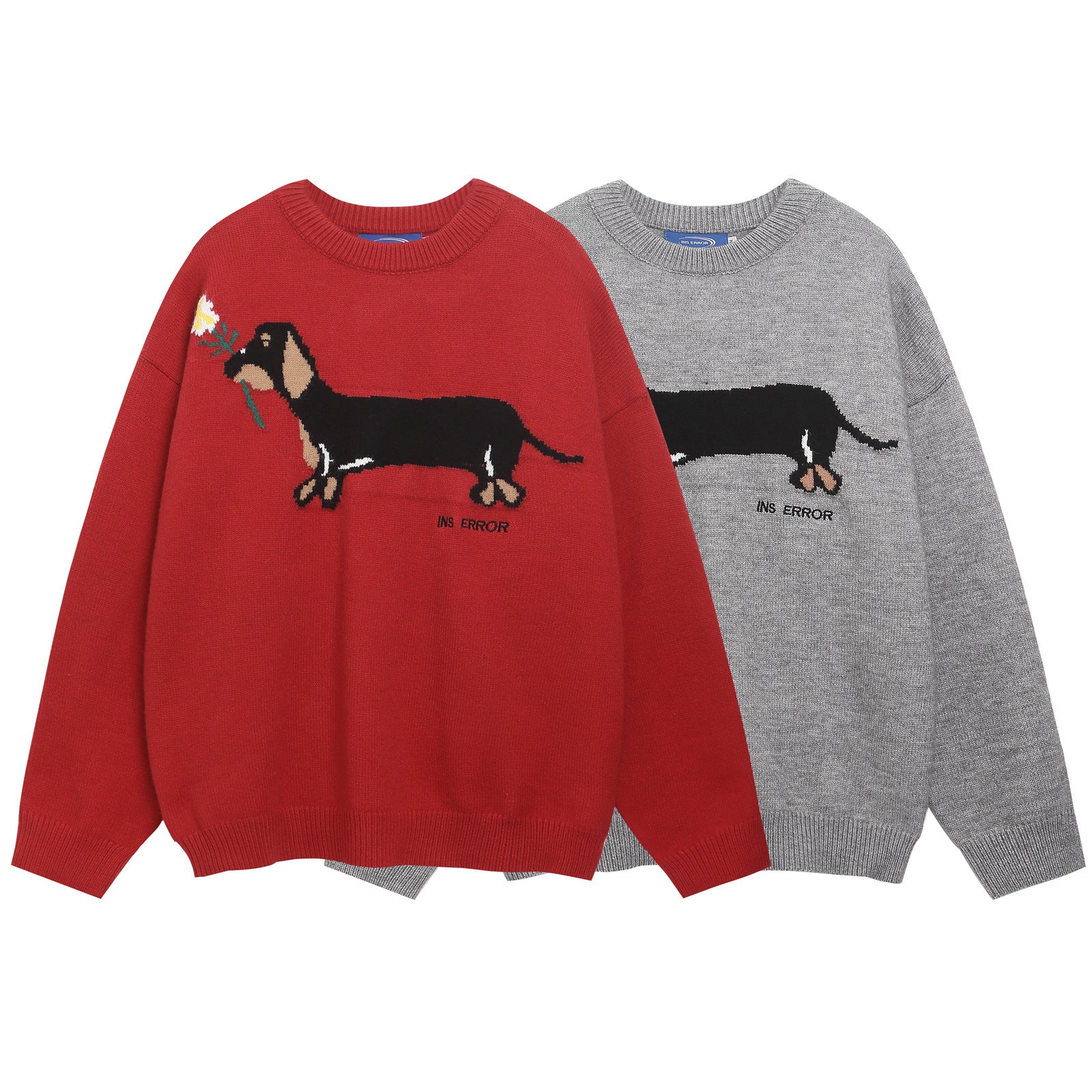 American Retro Sausage Puppy Jacquard Round Neck Sweater