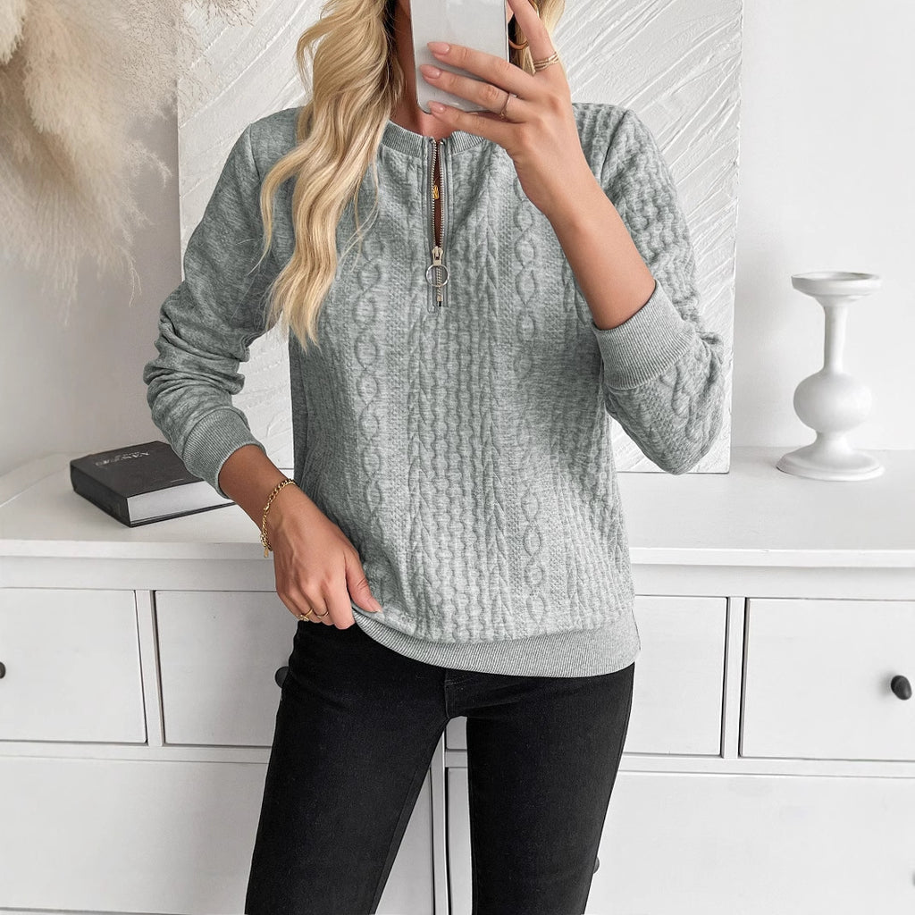 Women's Loose Casual Pullover Half Zipper Long Sleeve Solid Color Texture Round Neck Hoodie For Women