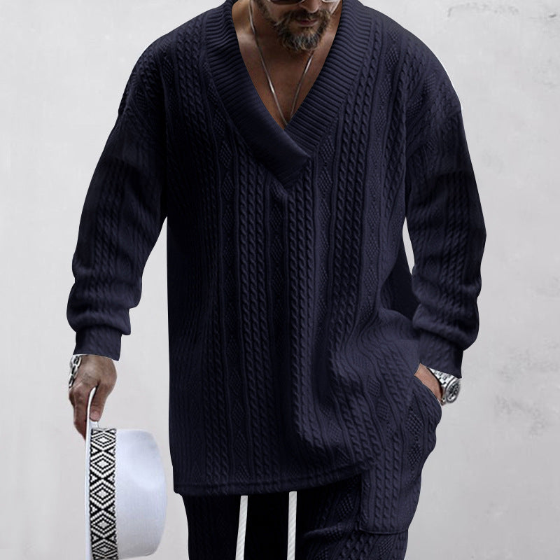 European And American Style Men's Clothing Jacquard Loose-fitting Knitted Solid Color Casual V-neck Long-sleeve Knitwear