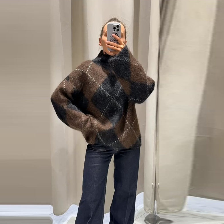 Women's Turtleneck Sweater Long Sleeve Diamond Plaid Knit