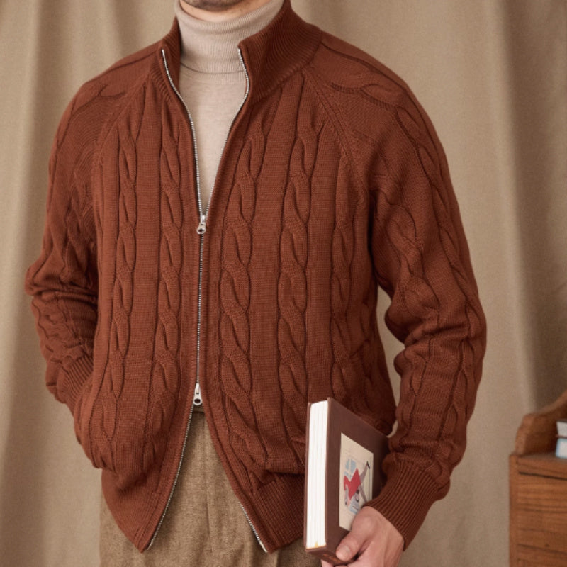 Pure Cotton Knitted British Thickened Heavy Weight Twisted Double Zipper Cardigan
