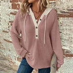 Women's Solid Color Waffle Hooded Button Loose Long Sleeve Sweatershirt