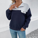 Lapel Color Matching Long-sleeved Sweater For Women