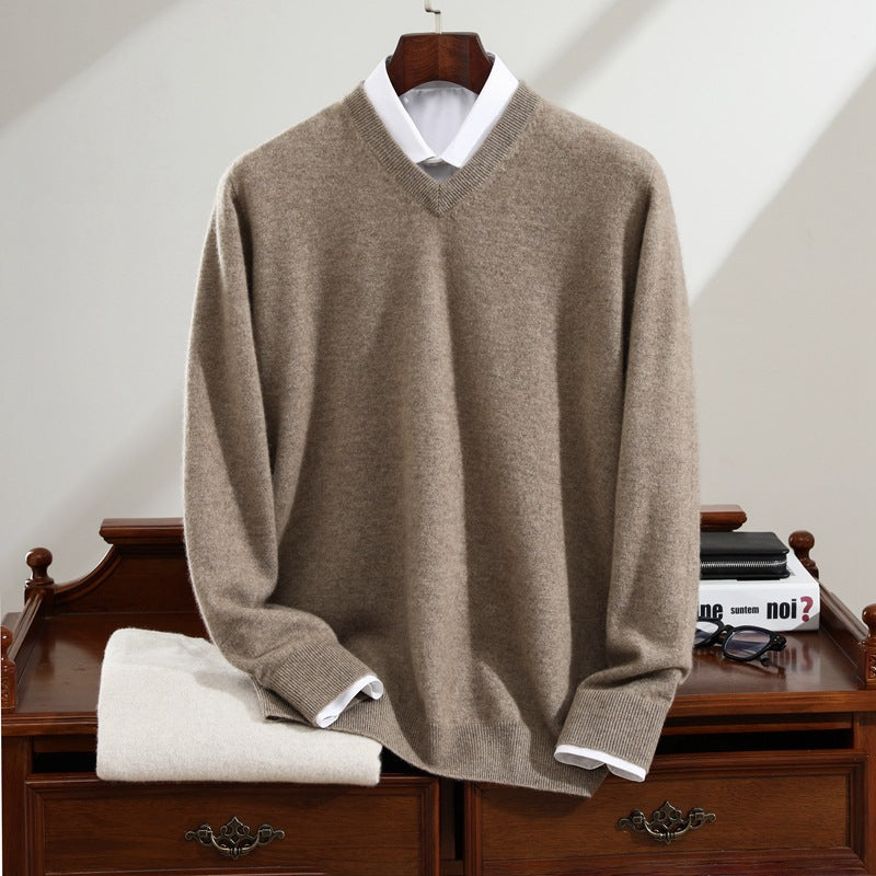 Men's Cashmere Sweater Pure Cashmere V-neck Long Sleeve Knitted Sweater