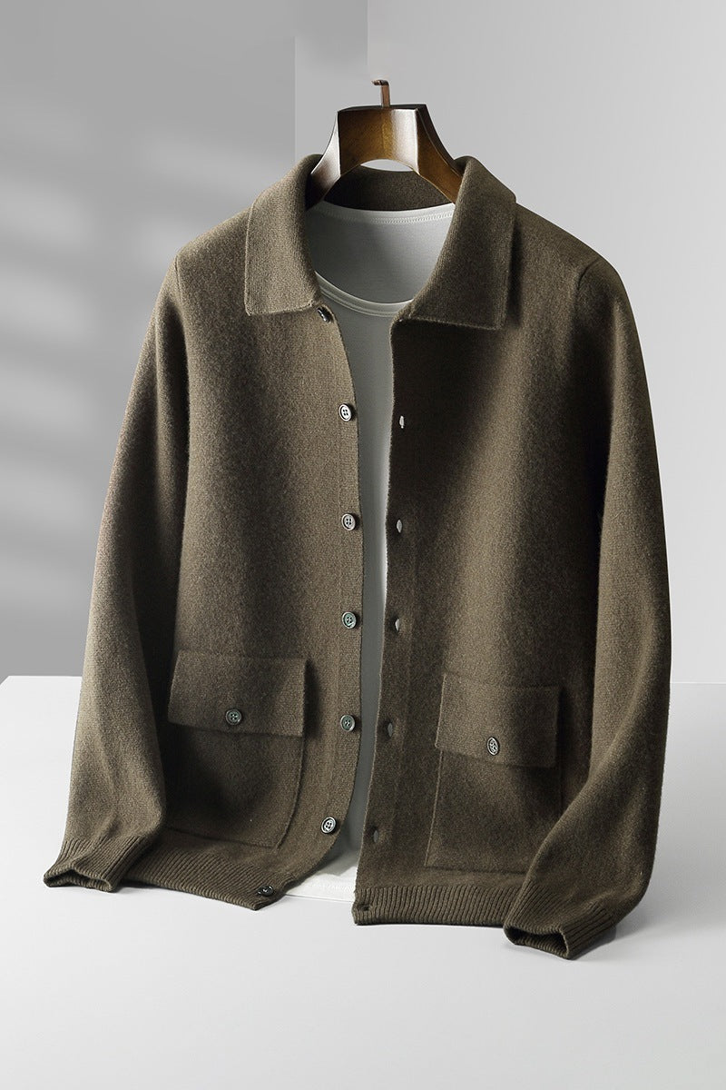 Polo Collar Solid Color Wool Cardigan Vintage Pocket Thick Men's Coat Cashmere Sweater