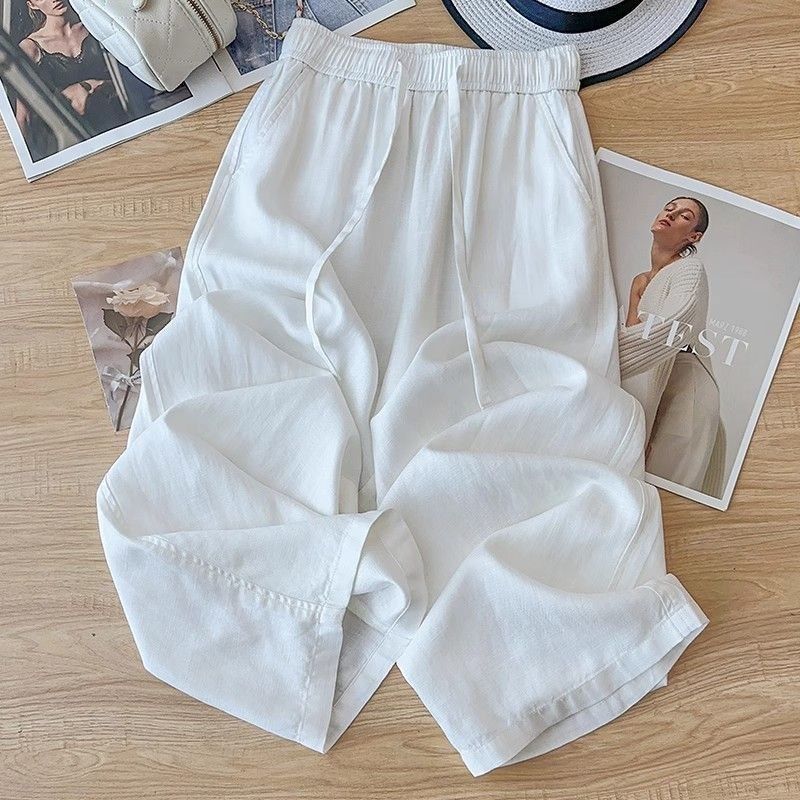 High Waist Drape Linen Cropped Straight Pants