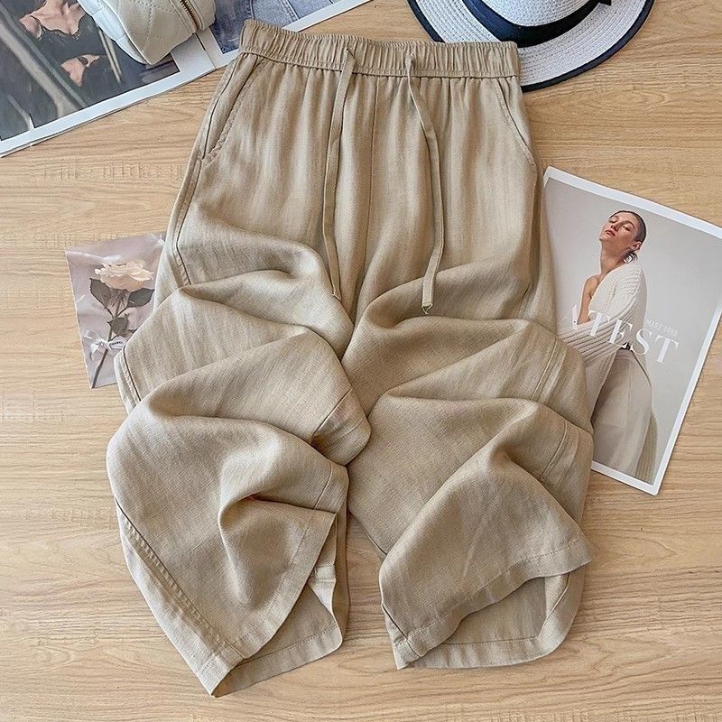 High Waist Drape Linen Cropped Straight Pants