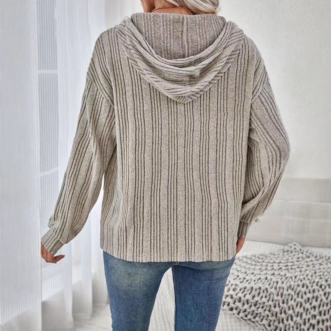 Casual Solid Color Hooded Long Sleeve Sweater Women