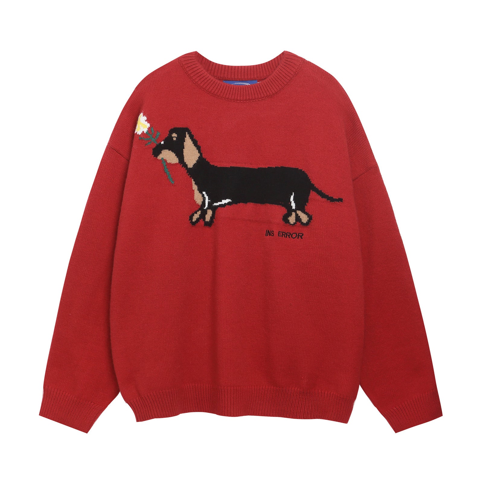 American Retro Sausage Puppy Jacquard Round Neck Sweater