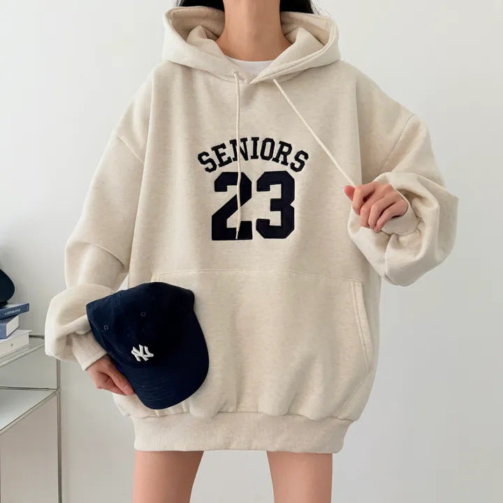 Hooded Embroidery Autumn And Winter Thin Velvet Padded Loose Lazy Style Sweatshirt