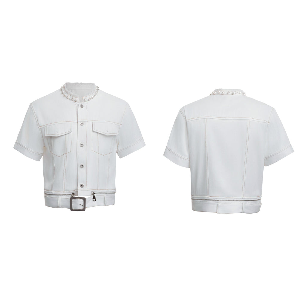 Pearl Edging Short Sleeve Denim Suit