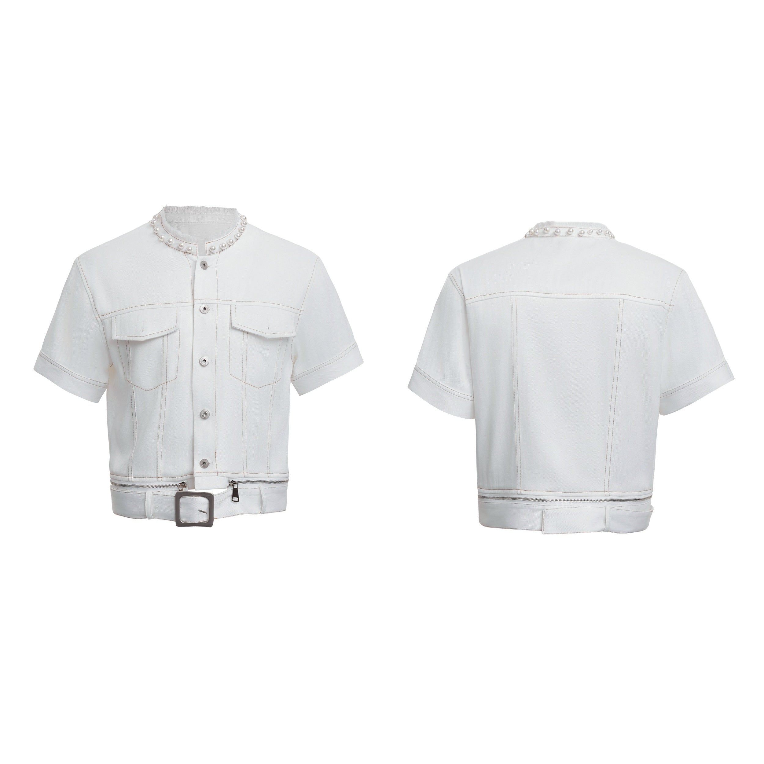 Pearl Edging Short Sleeve Denim Suit