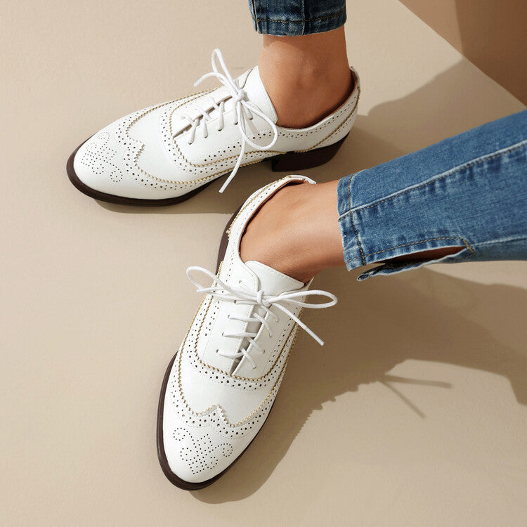 Color Matching Pumps Round Head Shallow Mouth Front Lace-up Women's Chunky Heels