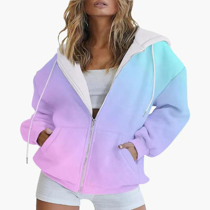 Gradient 3D Digital Printing Casual Long-sleeved Zipper Hooded Sweatshirt Sweater For Women