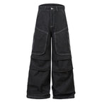 Multi-pocket Pleated Workwear Primary Color Jeans