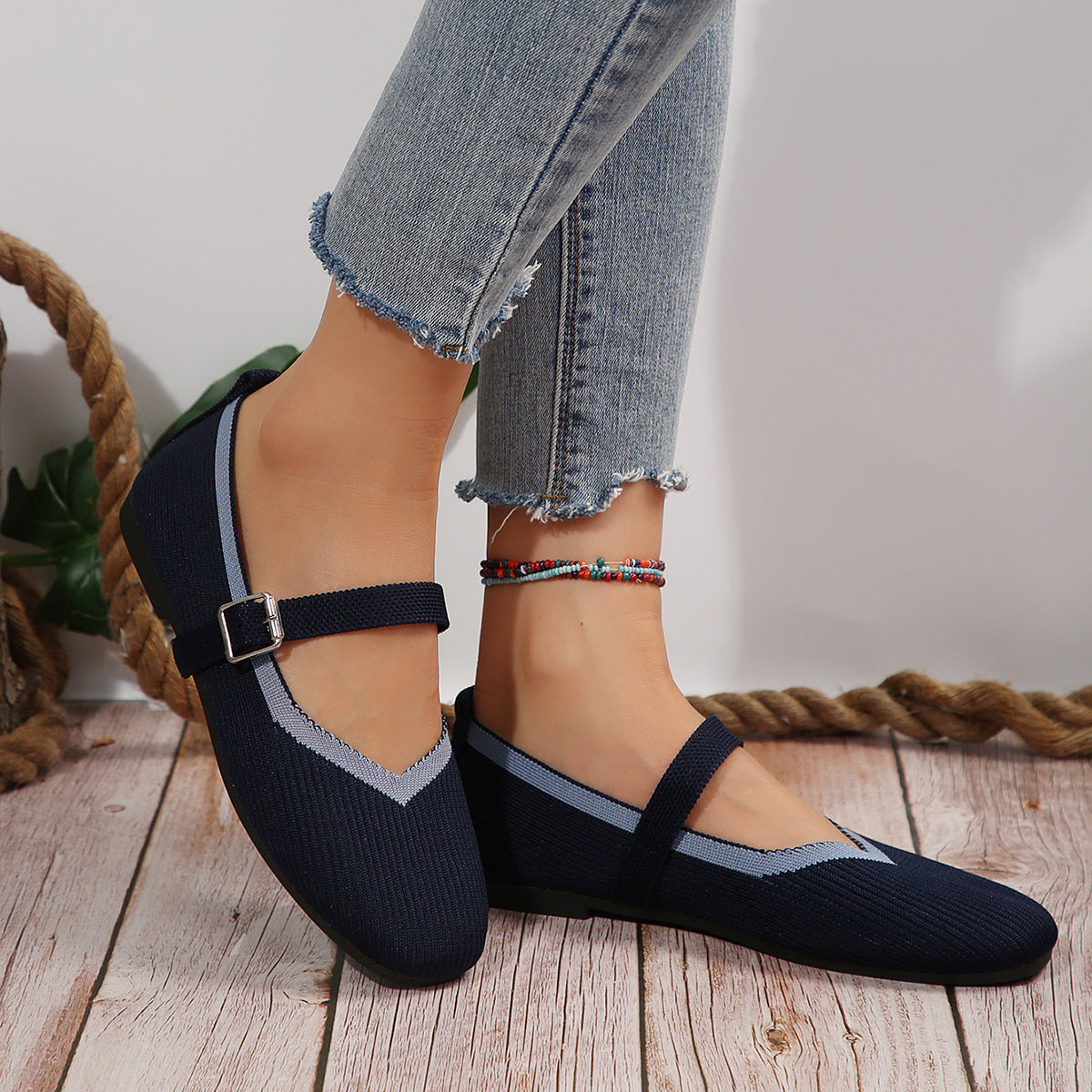 Flat Flying Woven Square Toe Low-cut Shoes