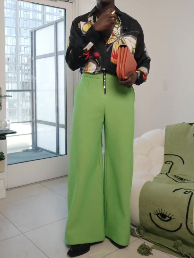 Lime Green Wide-Leg Pants With Zipper Detail