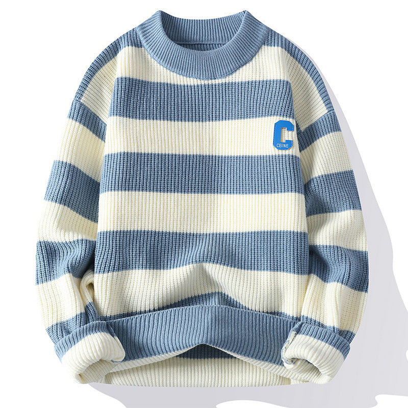 Autumn Letter Stripes Mock Neck Sweater Handsome Man Knitwear Tide