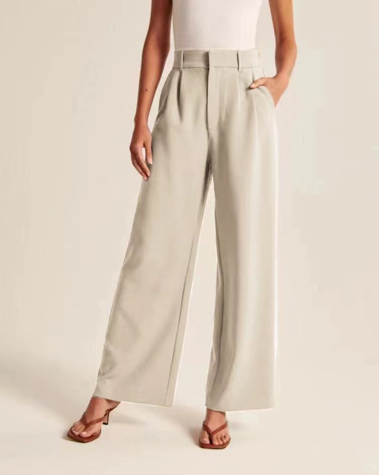 Commuter Drooping Slimming Solid Pocket High Waist Wide Leg Pants
